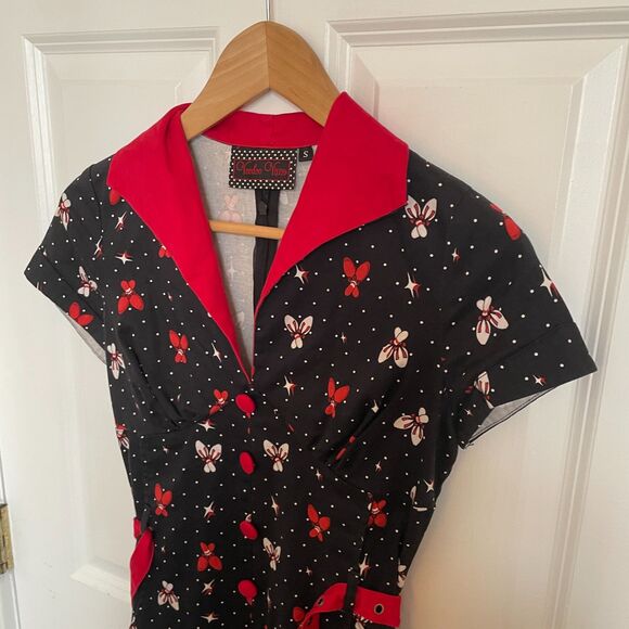 Voodoo Vixen Midi Shift Dress Printed Collar S Retro Pinup Rockabilly Goth - Picture 2 of 8